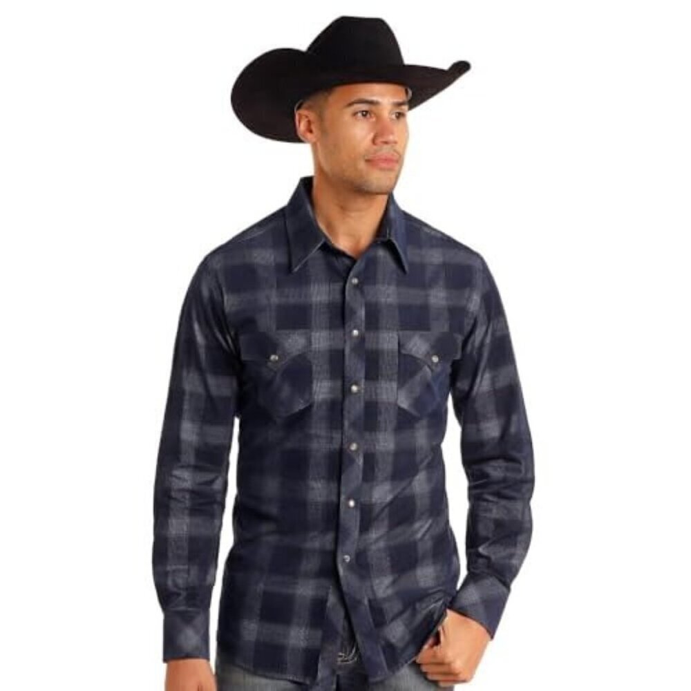 Rock & Roll Men's LG Long Sleeve Corduroy Plaid Snap Western Shirt Blue